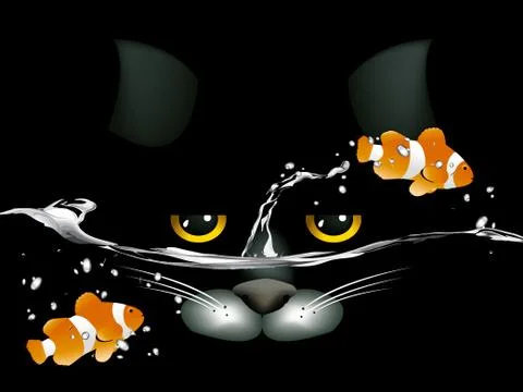 Black cat looking at two clown fish Stock Illustration