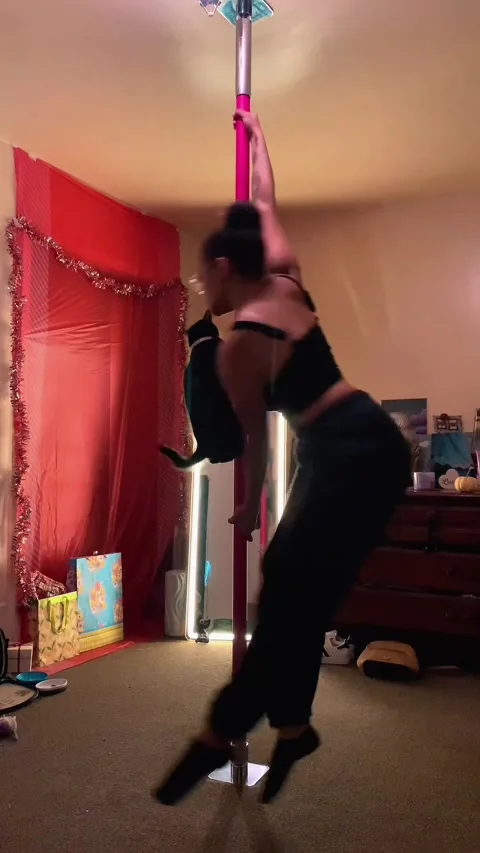 Black Cat Loves Pole Dancing With Her Owner, New Jersey, USA - 08 Feb 2026 Stock Footage 329078120