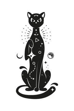 Black cat with magic mystic esoteric ornament Illustrazione stock