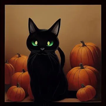Black cat in the middle of orange pumpkins Stock Illustration
