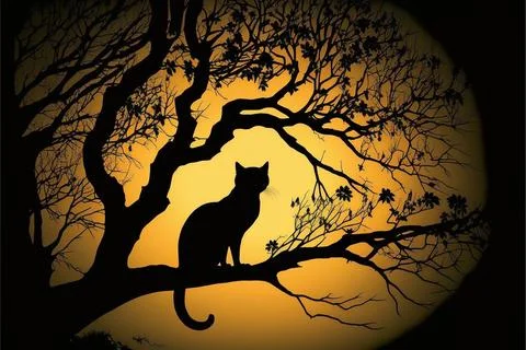 Black cat on the night tree with yellow moon Stock Illustration