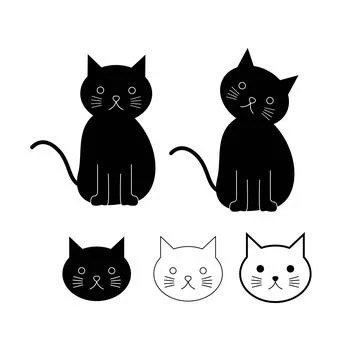 Black cat or different cat faces in simple vector style clip arts illustrations Stock Illustration