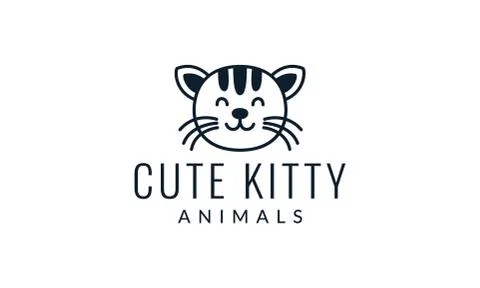 Black cat or kitty or kitten head smile happy cute cartoon logo illustration Stock Illustration