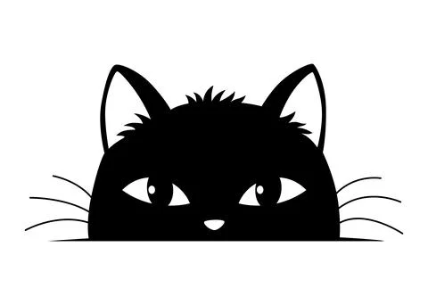 Black cat peeking out window, funny kittens face, curious cat head character Stock Illustration