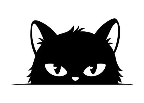 Black cat peeking out window, funny kittens face, curious cat head character Stock Illustration
