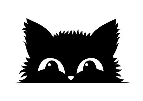 Black cat peeking out window, funny kittens face, curious cat head character Stock Illustration