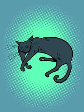 A black cat, a pet lying on its side. animals Stock Illustration