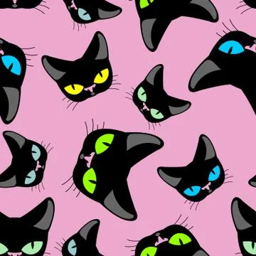 Black cat  pink background seamless pattekrn. Vector background of pets. Text Illustrazione stock