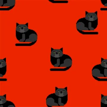 Black cat pixel art pattern seamless. 8 bit Digital home pet background. Vect Stock Illustration