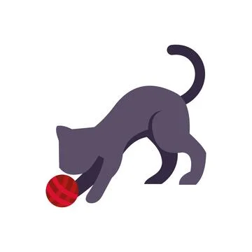 Black cat playing with red yarn ball Stock Illustration