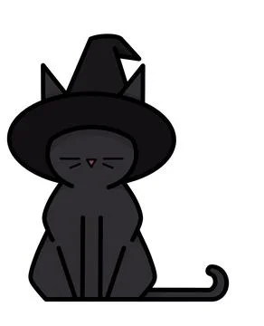 Black cat in pointed witch hat flat art . Wiccan familiar spirit, Halloween o Stock Illustration