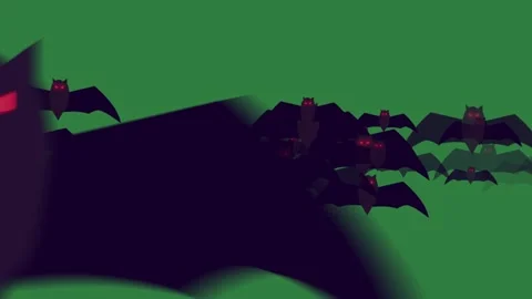 Black cat red eyes in the dark group of bats flying over bat through air Stock Footage 335696783