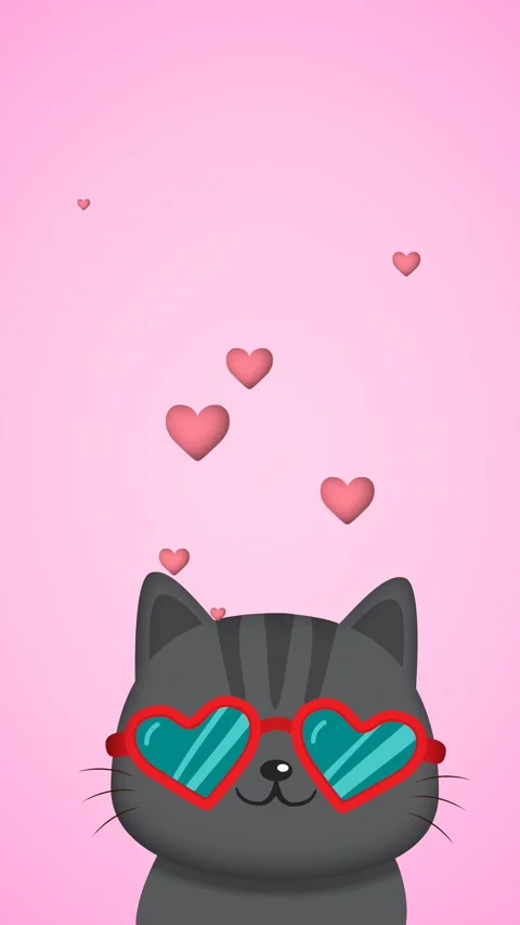 Black Cat With Red Heart Shaped Glasses Among Hearts Animation Stock Footage 301773825