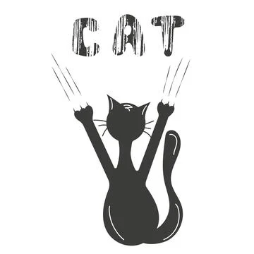 Black cat scratches the wall, concept with textured lettering and climbing cat Stock Illustration