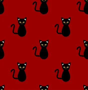 Black Cat Seamless on Red Background Stock Illustration