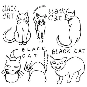 Black cat set hand draw with inscriptions Stock Illustration