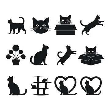 Black Cat Silhouettes in Various Poses and Scenes animal Stock Illustration