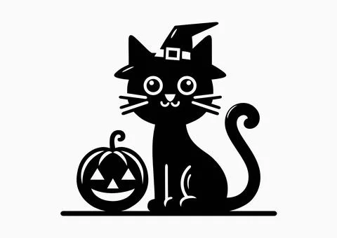 Black cat sits next to pumpkin Jack-o-lantern on Halloween Stock Illustration