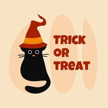 A black cat sits with a witch's hat. Text Trick or treat. Illustration for .. Stock Illustration