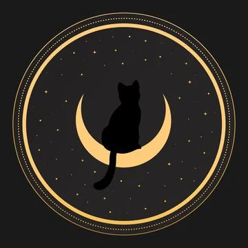 Black cat sitting on a crescent. Back view. Magic and sorcery background Stock Illustration