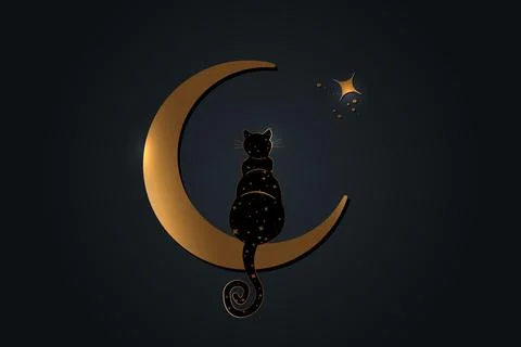 Black Cat sitting on the crescent Moon, look at the stars. Golden wicca symbol Stock Illustration