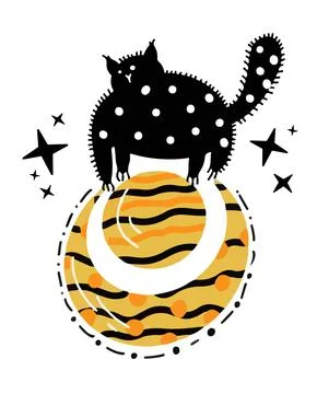 Black cat sitting on the crescent Moon. Cartoon vector illustration for Hallo Stock Illustration