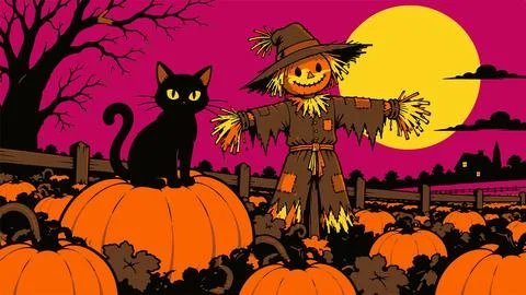 Black cat sitting on large pumpkin next to straw scarecrow in vibrant hallo.. Stock Illustration