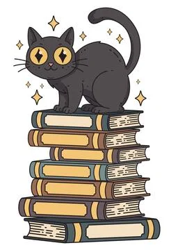 Black Cat Sitting on Stack of Books Stock Illustration