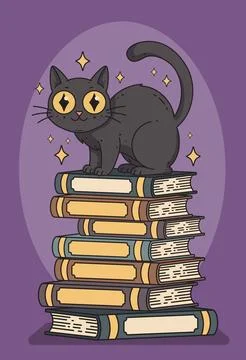 Black Cat Sitting on Stack of Books Stock Illustration