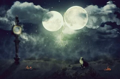 Black cat sitting under two moons Foto stock