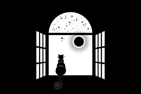 Black Cat sitting on the window at look at the sky and the sun, stars, vector Stock Illustration