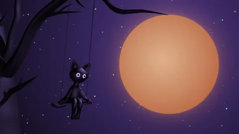 Black cat on a swing against the background of the moon Stock Footage 256197465