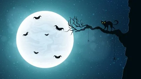 Black cat on a tree against the background of the full moon. Terrible night. Stock Illustration