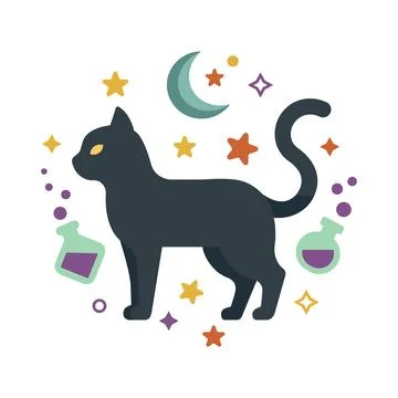 Black cat vector illustration with crescent moon and magic potions Stockillustratie