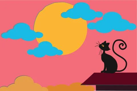 Black cat watching the sun setting on pink cloudy sky, on roof top of home Stock Illustration