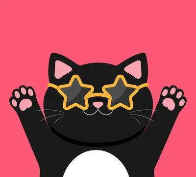 Black cat wearing star shape sunglasses. Cool stylish cat on red background Stock Illustration