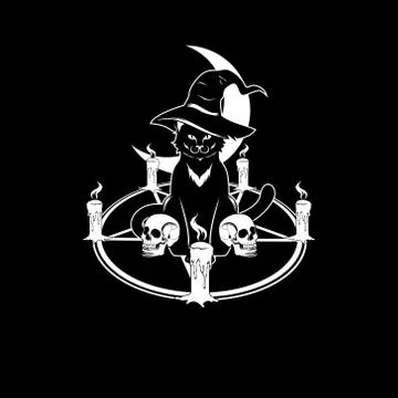 Black cat wearing witch hat standing on pentagram star ritual with skulls and Stock Illustration