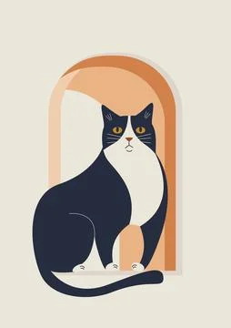 Black cat in window aesthetic boho style art. Domestic kitty 2d illustratio.. Illustrazione stock