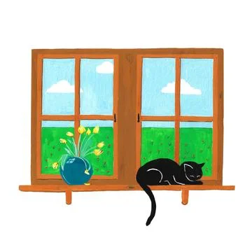 Black cat in the window Stock Illustration