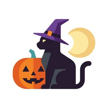 Black cat with witch hat and Halloween pumpkin vector Stock Illustration