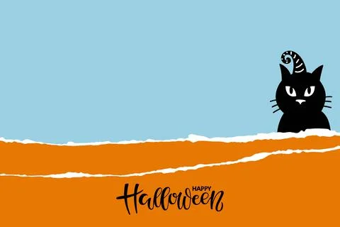 Black cat with witch hat on blue orange background with inscription Happy Stock Illustration