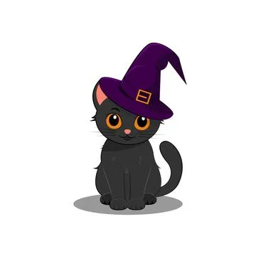 Black cat in witch hat. Cute kitten with big yellow eyes in wizard headwear.. Stock Illustration