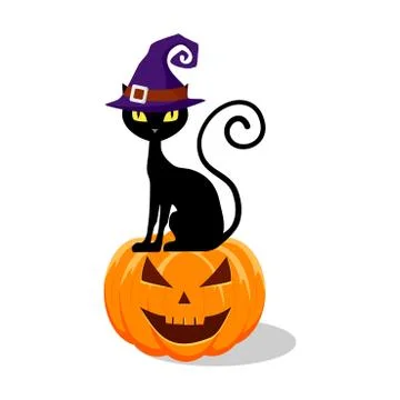 Black cat in a witch hat sitting on a Halloween pumpkin. vector illustration Illustrazione stock