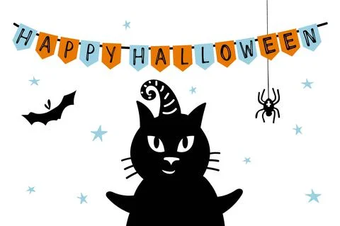 Black cat with witch's hat and Happy Halloween Bunting flags, bat, spider Stock Illustration