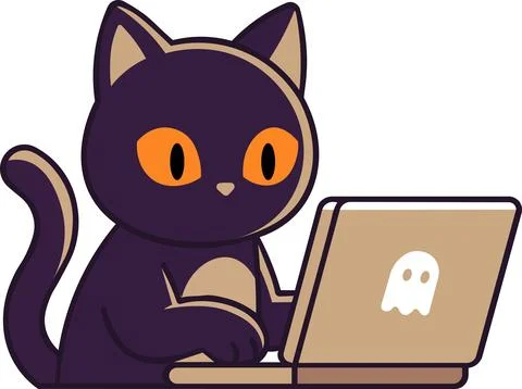 Black cat working on laptop computer icon Stock Illustration