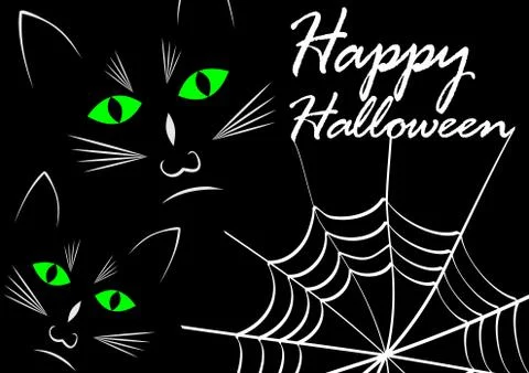 Black cats on black background with cobweb. White drawing with white message  Stock Illustration