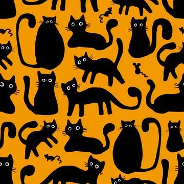 Black cats doodle seamless pattern on yellow background design Stock Illustration