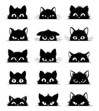 Black cats peeking out window, funny kittens face, curious cat head character Stock Illustration