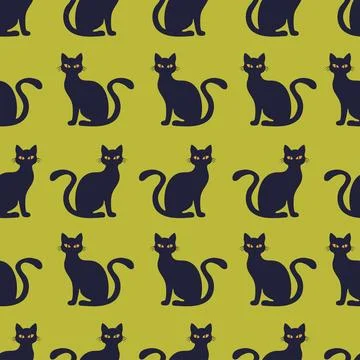 Black Cats Scary Seamless Pattern Halloween isolated on green background.Ve.. Stock Illustration
