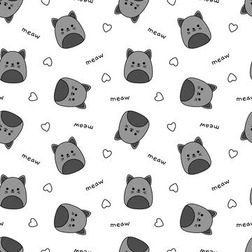 Black cats on seamless pattern. Squishmallow. Cute cat. Kawaii, Vector Stock Illustration
